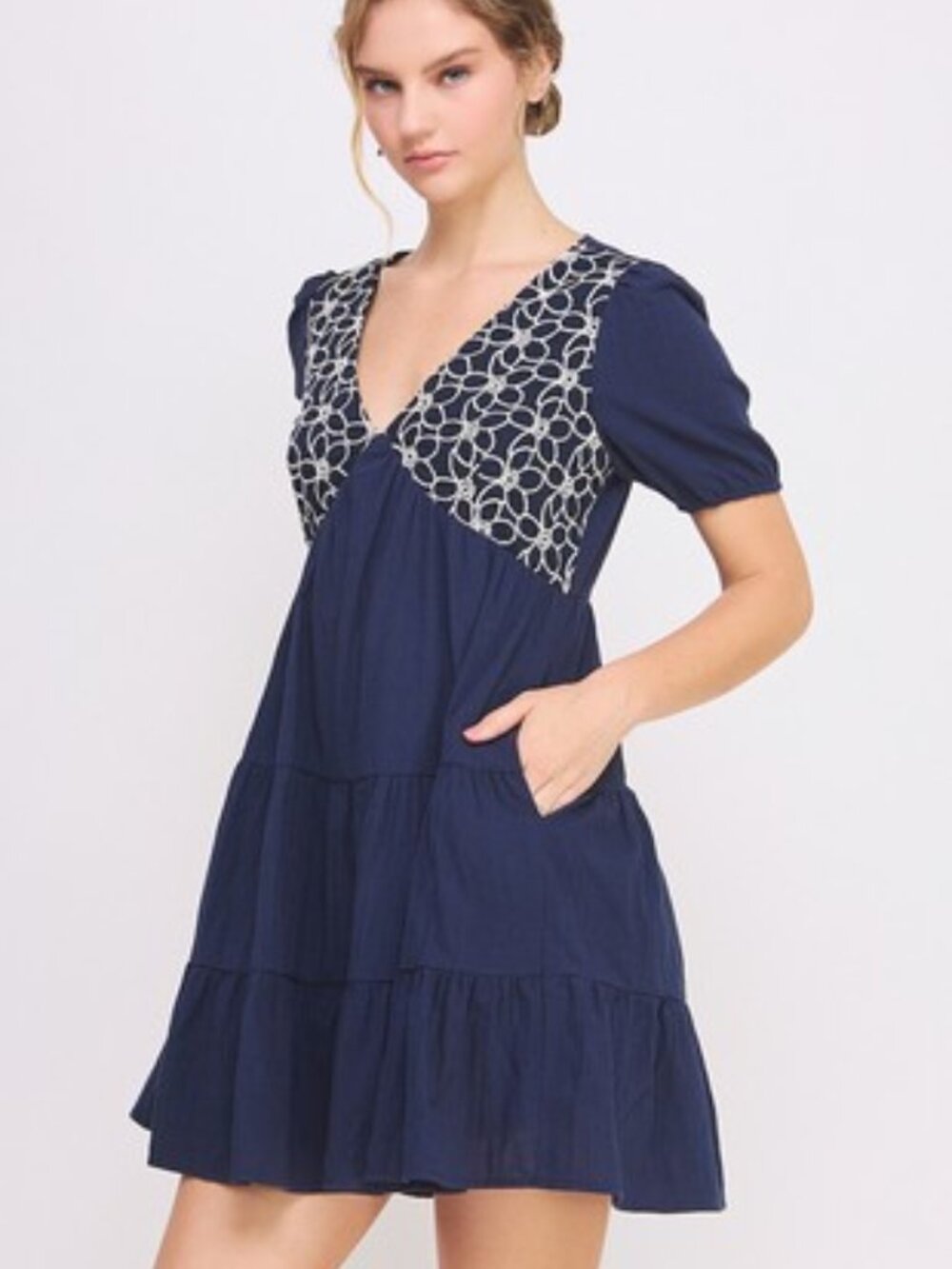 B3 Floral Embroidered V-neck Tiered Mini Dress in Navy NEW